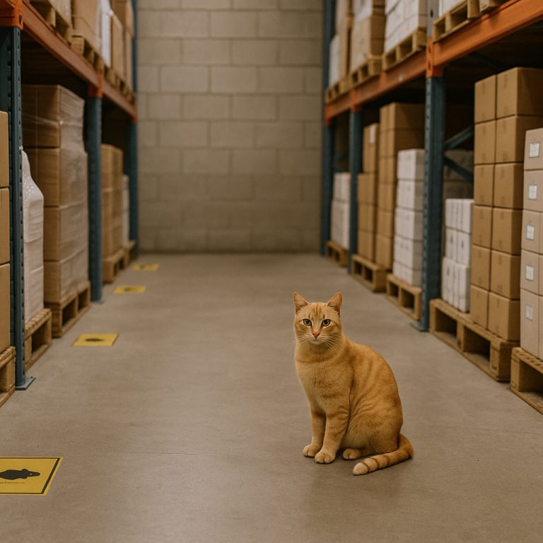 Een kat zit tussen de stellingen in een farmaceutisch magazijn