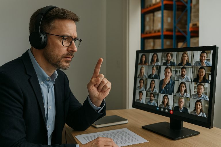 Een man met een headset in een videovergadering met meerdere collega's