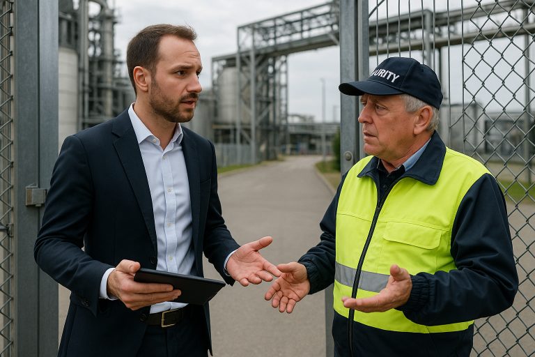 Een man kijkt verbaasd terwijl hij door een hekwerk loopt richting een fabrieksterrein